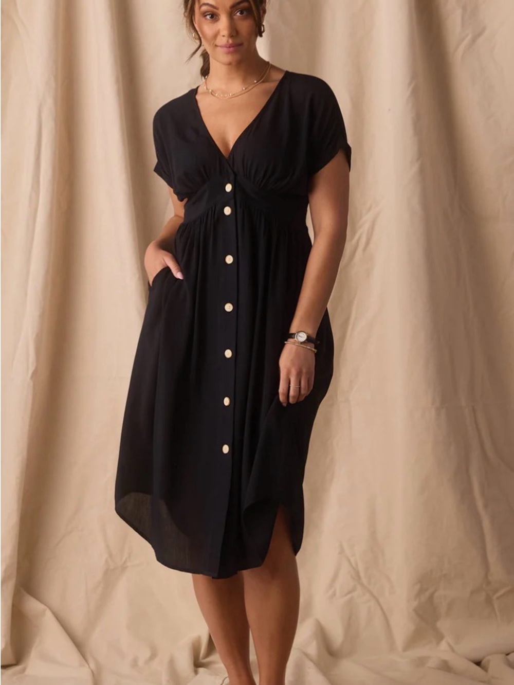 The Normal Brand's Deep V Button Thru Dress Black Size Large